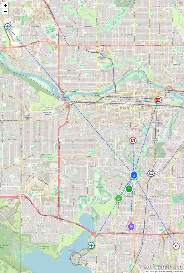 Daily accessibility map for 411 RIVERDALE AV SW, Calgary showing nearby schools, grocery stores, parks, LRT stations and nearby amenities