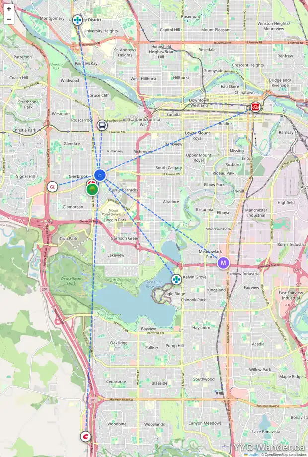 Daily accessibility map for 3236 KERRYDALE RD SW, Calgary showing nearby schools, grocery stores, parks, LRT stations and nearby amenities