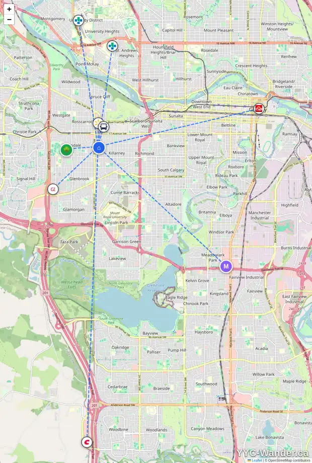 Daily accessibility map for 2232 36 ST SW, Calgary showing nearby schools, grocery stores, parks, LRT stations and nearby amenities