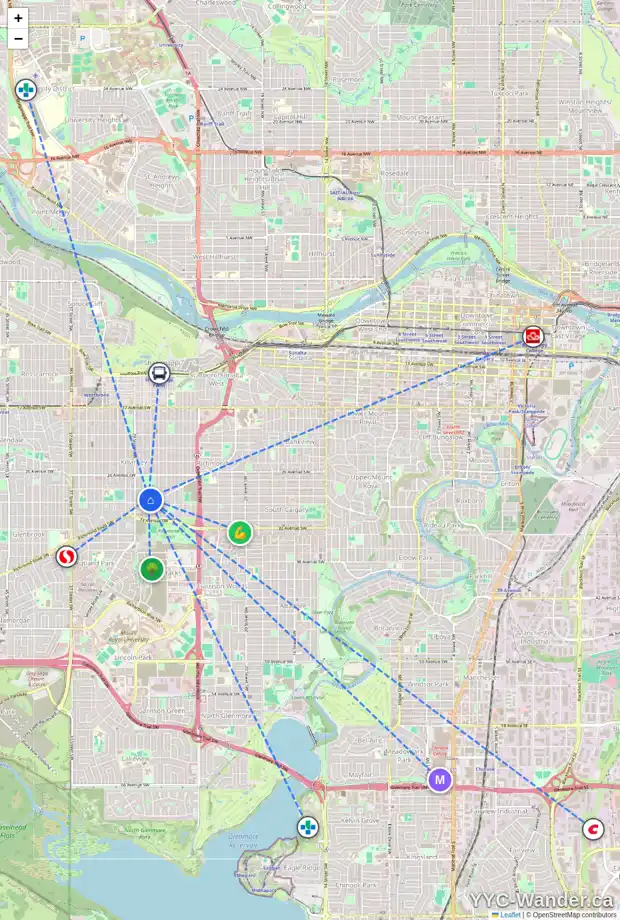 Daily accessibility map for 3029 27 ST SW, Calgary showing nearby schools, grocery stores, parks, LRT stations and nearby amenities