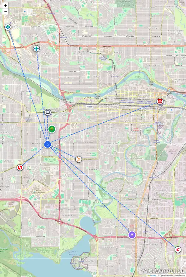 Daily accessibility map for 2805 26A ST SW, Calgary showing nearby schools, grocery stores, parks, LRT stations and nearby amenities