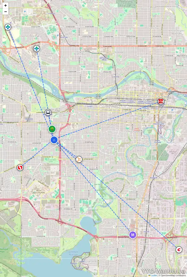 Daily accessibility map for 2602 25A ST SW, Calgary showing nearby schools, grocery stores, parks, LRT stations and nearby amenities