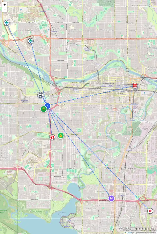 Daily accessibility map for 2 1924 25 ST SW, Calgary showing nearby schools, grocery stores, parks, LRT stations and nearby amenities