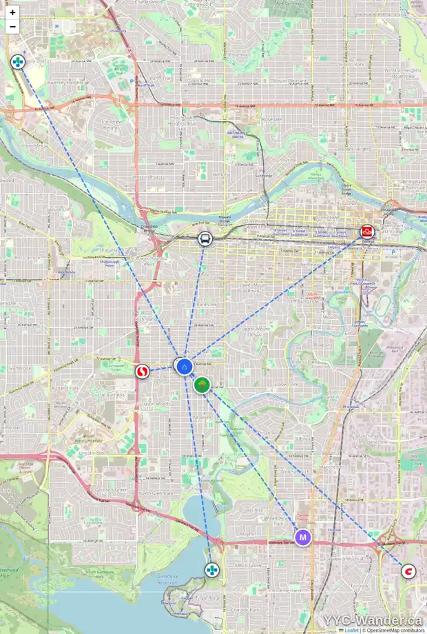 Daily accessibility map for 1919 33 AV SW, Calgary showing nearby schools, grocery stores, parks, LRT stations and nearby amenities