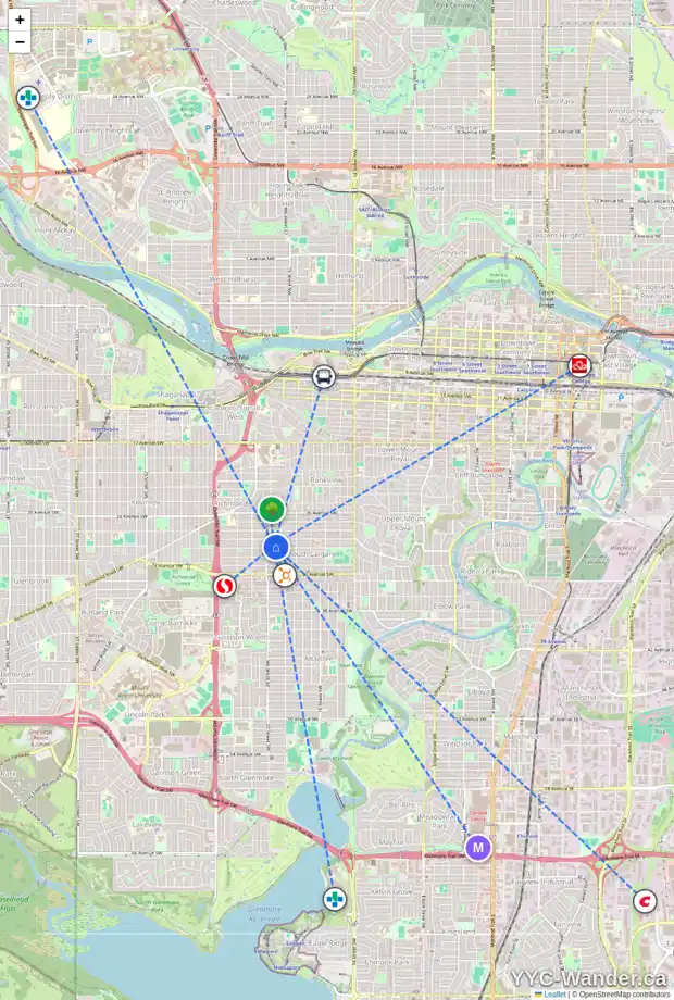 Daily accessibility map for 2020 30 AV SW, Calgary showing nearby schools, grocery stores, parks, LRT stations and nearby amenities