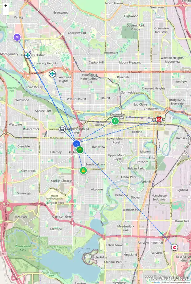 Daily accessibility map for 2007 22A ST SW, Calgary showing nearby schools, grocery stores, parks, LRT stations and nearby amenities