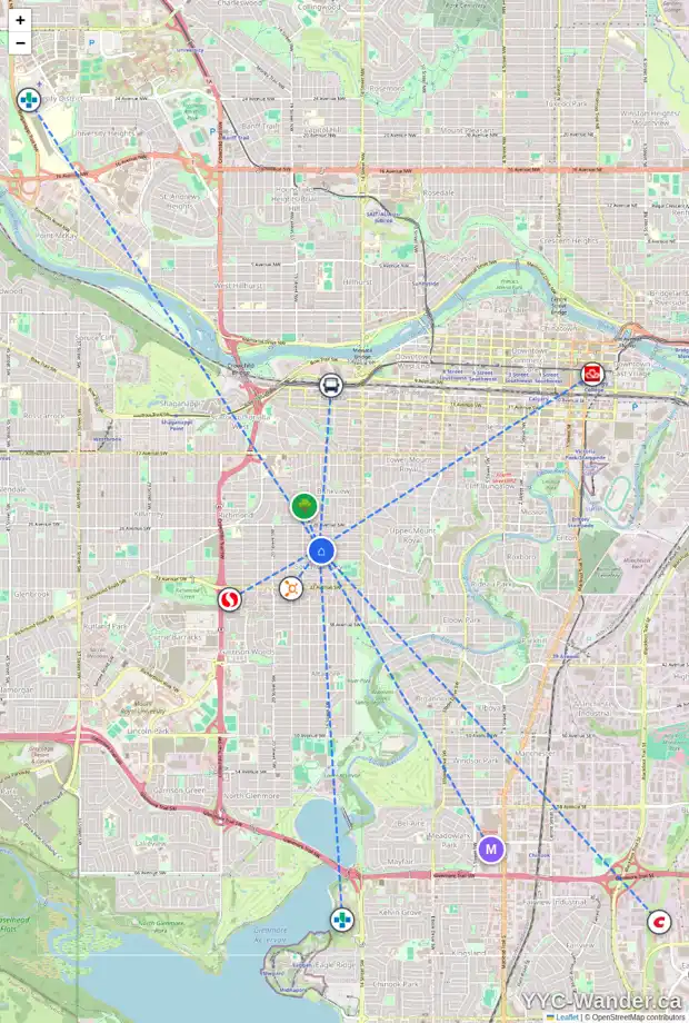 Daily accessibility map for 1740 29 AV SW, Calgary showing nearby schools, grocery stores, parks, LRT stations and nearby amenities
