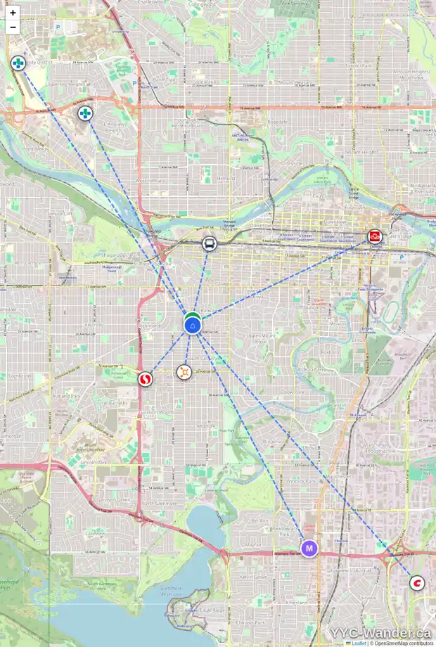 Daily accessibility map for 1920 25 AV SW, Calgary showing nearby schools, grocery stores, parks, LRT stations and nearby amenities