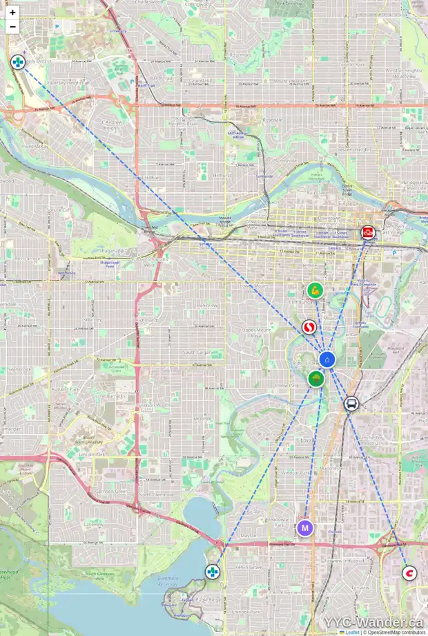 Daily accessibility map for 3234 2 ST SW, Calgary showing nearby schools, grocery stores, parks, LRT stations and nearby amenities