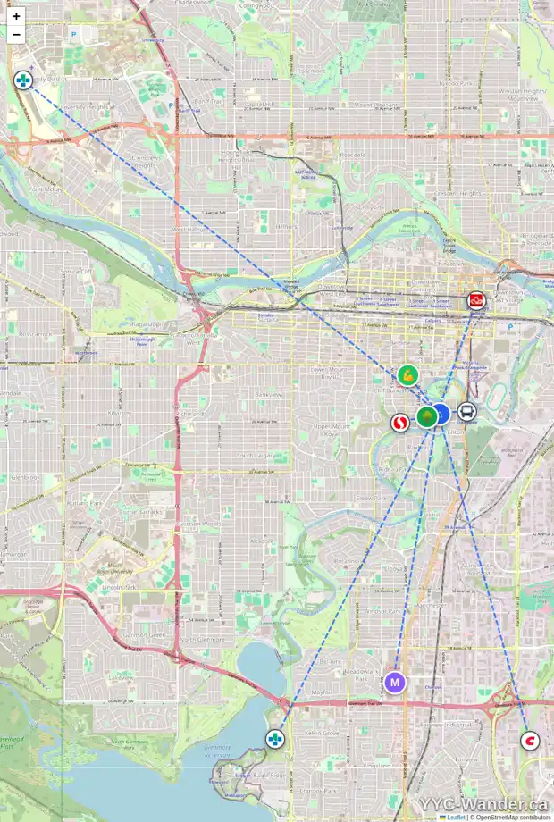 Daily accessibility map for 105 110 24 AV SW, Calgary showing nearby schools, grocery stores, parks, LRT stations and nearby amenities