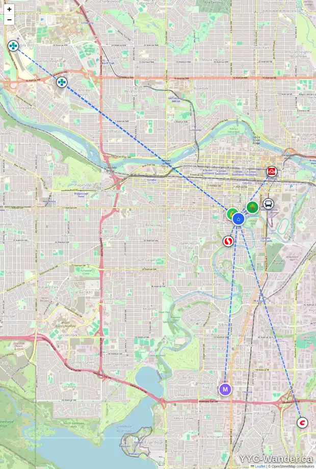Daily accessibility map for 310 20 AV SW, Calgary showing nearby schools, grocery stores, parks, LRT stations and nearby amenities