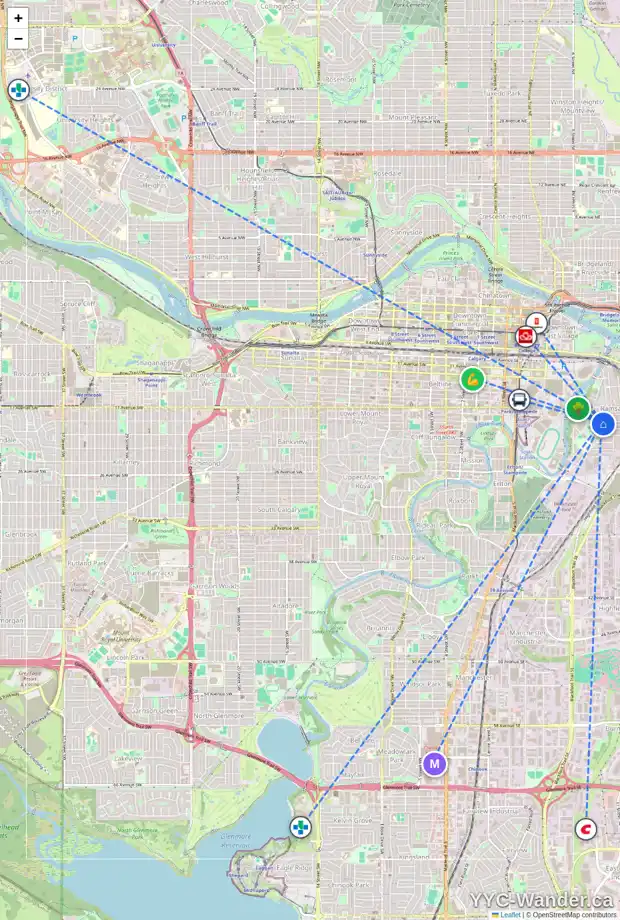 Daily accessibility map for 1838 ELIZABETH ST SE, Calgary showing nearby schools, grocery stores, parks, LRT stations and nearby amenities