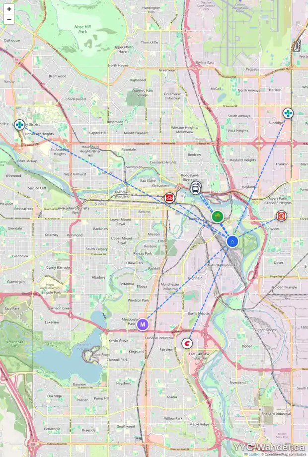 Daily accessibility map for 2730 17 ST SE, Calgary showing nearby schools, grocery stores, parks, LRT stations and nearby amenities