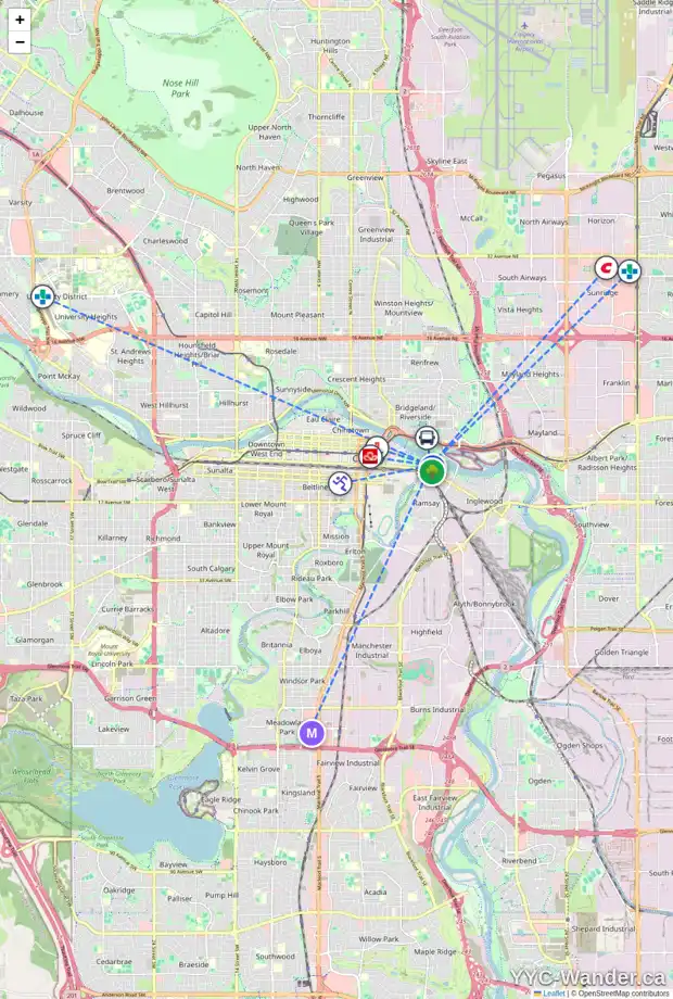 Daily accessibility map for 910 8 AV SE, Calgary showing nearby schools, grocery stores, parks, LRT stations and nearby amenities
