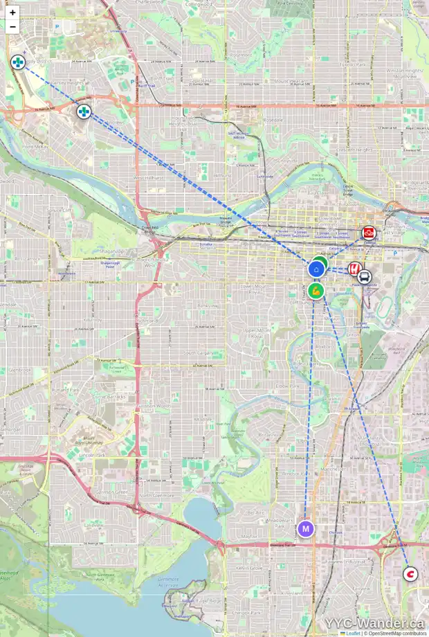 Daily accessibility map for 1306 4 ST SW, Calgary showing nearby schools, grocery stores, parks, LRT stations and nearby amenities