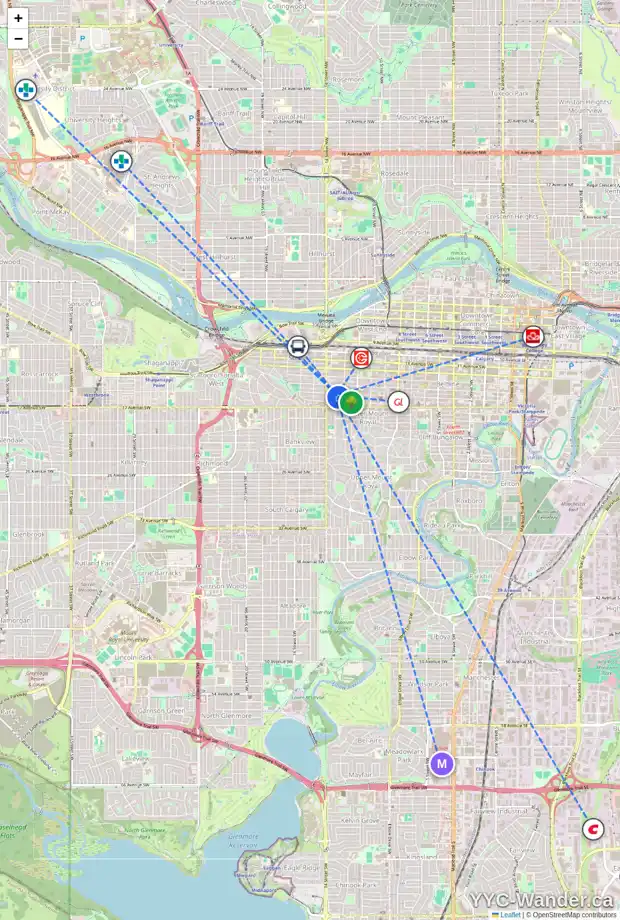 Daily accessibility map for 205 1323 15 AV SW, Calgary showing nearby schools, grocery stores, parks, LRT stations and nearby amenities