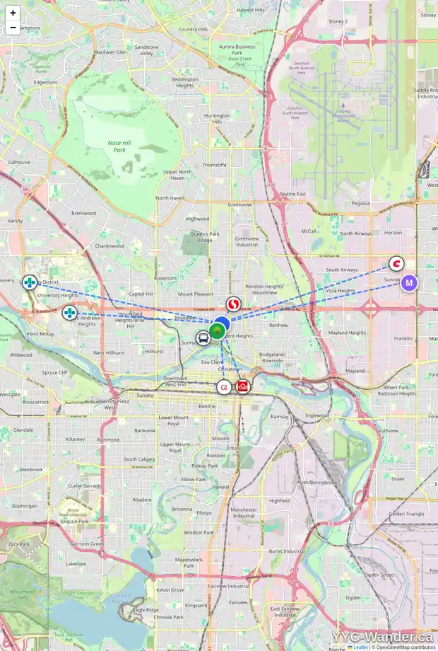 Daily accessibility map for 231 12 AV NW, Calgary showing nearby schools, grocery stores, parks, LRT stations and nearby amenities