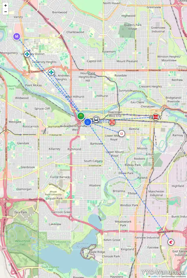 Daily accessibility map for 1940 11 AV SW, Calgary showing nearby schools, grocery stores, parks, LRT stations and nearby amenities