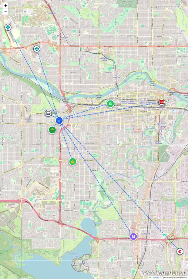 Daily accessibility map for 1710 24A ST SW, Calgary showing nearby schools, grocery stores, parks, LRT stations and nearby amenities