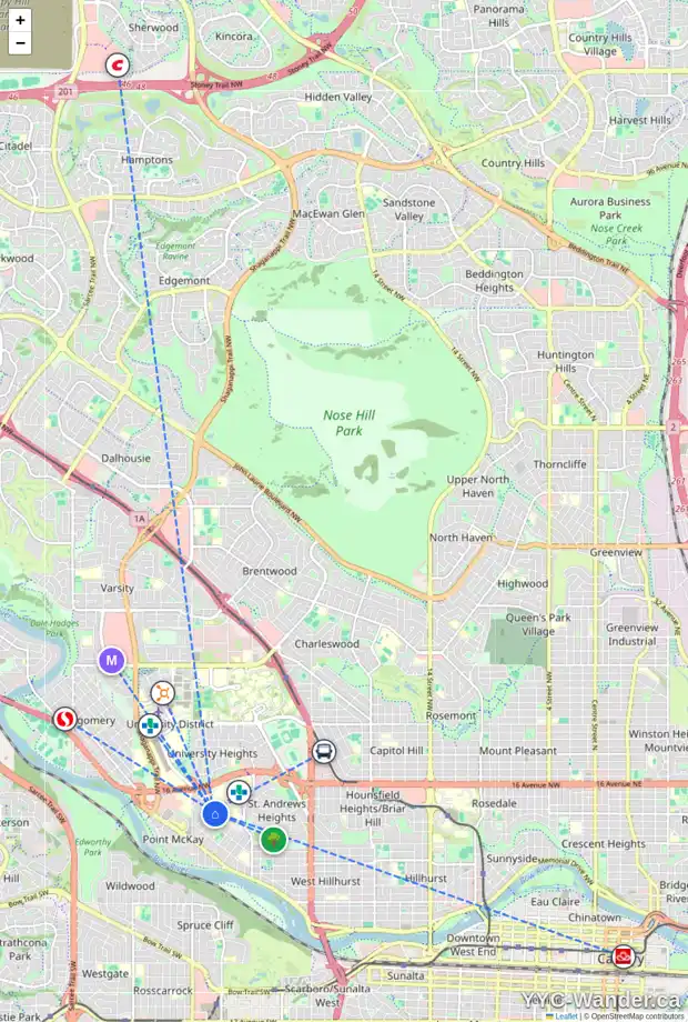 Daily accessibility map for 3608 8 AV NW, Calgary showing nearby schools, grocery stores, parks, LRT stations and nearby amenities