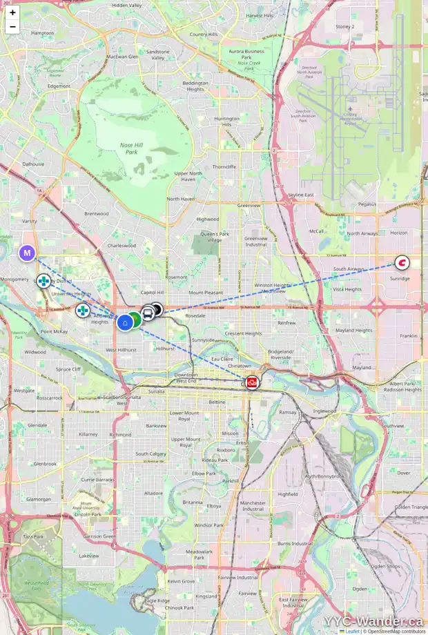 Daily accessibility map for 2203 12 AV NW, Calgary showing nearby schools, grocery stores, parks, LRT stations and nearby amenities