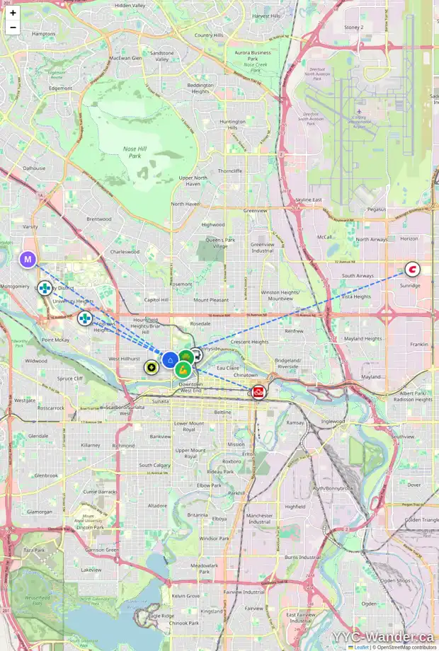 Daily accessibility map for 312 15 ST NW, Calgary showing nearby schools, grocery stores, parks, LRT stations and nearby amenities