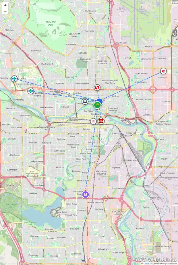 Daily accessibility map for 212A 7 AV NE, Calgary showing nearby schools, grocery stores, parks, LRT stations and nearby amenities