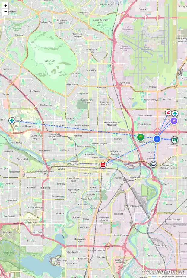 Daily accessibility map for 119 MCHUGH RD NE, Calgary showing nearby schools, grocery stores, parks, LRT stations and nearby amenities