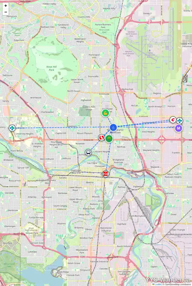 Daily accessibility map for 609 25 AV NE, Calgary showing nearby schools, grocery stores, parks, LRT stations and nearby amenities