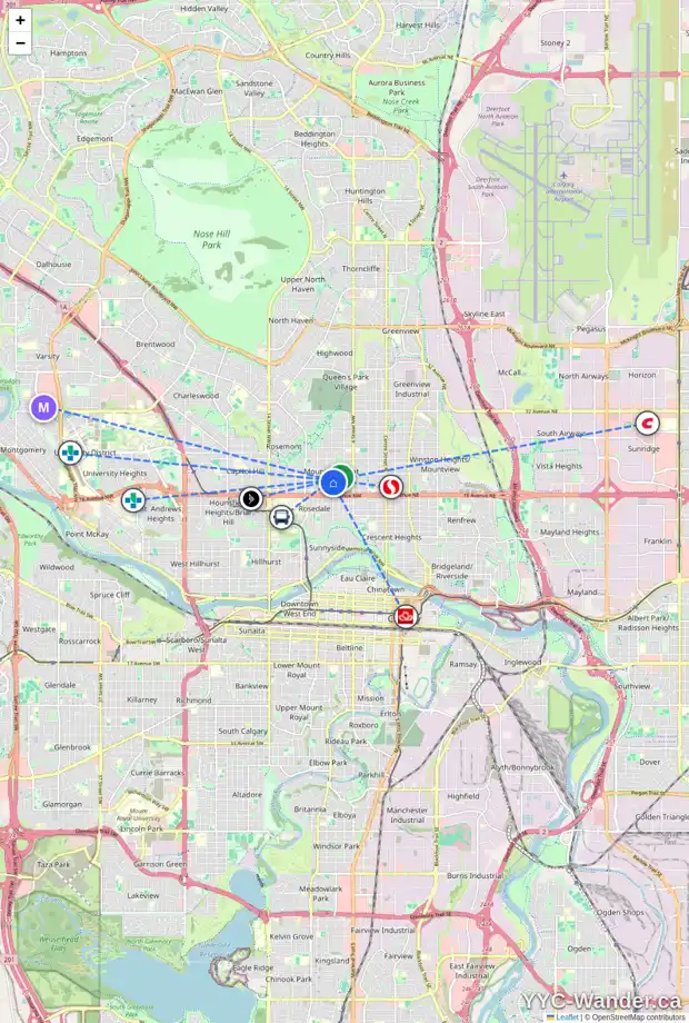 Daily accessibility map for 717 19 AV NW, Calgary showing nearby schools, grocery stores, parks, LRT stations and nearby amenities
