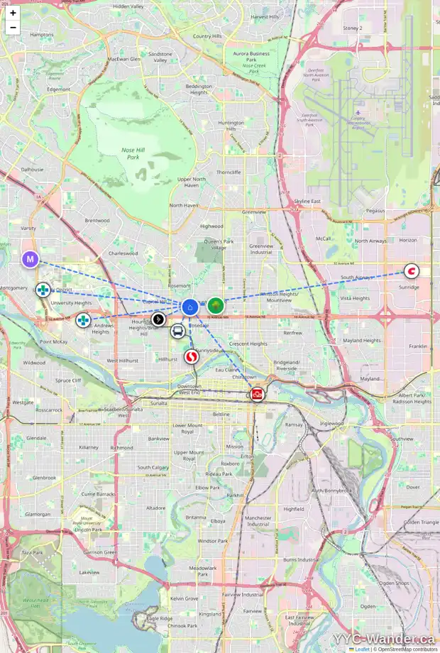 Daily accessibility map for 1126 19 AV NW, Calgary showing nearby schools, grocery stores, parks, LRT stations and nearby amenities
