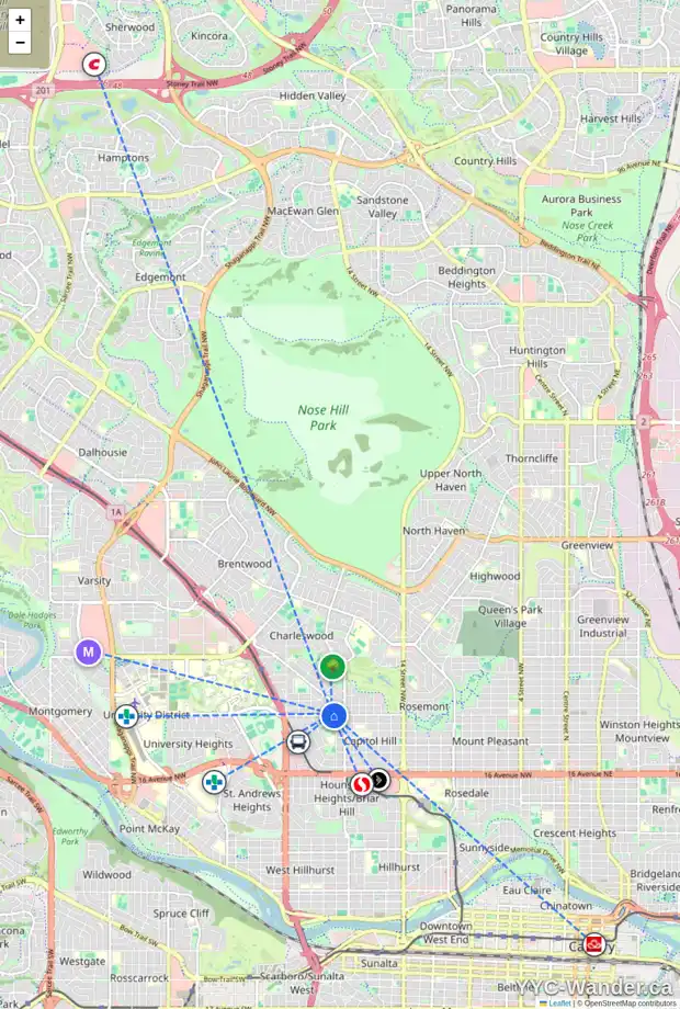 Daily accessibility map for 2108 24 AV NW, Calgary showing nearby schools, grocery stores, parks, LRT stations and nearby amenities