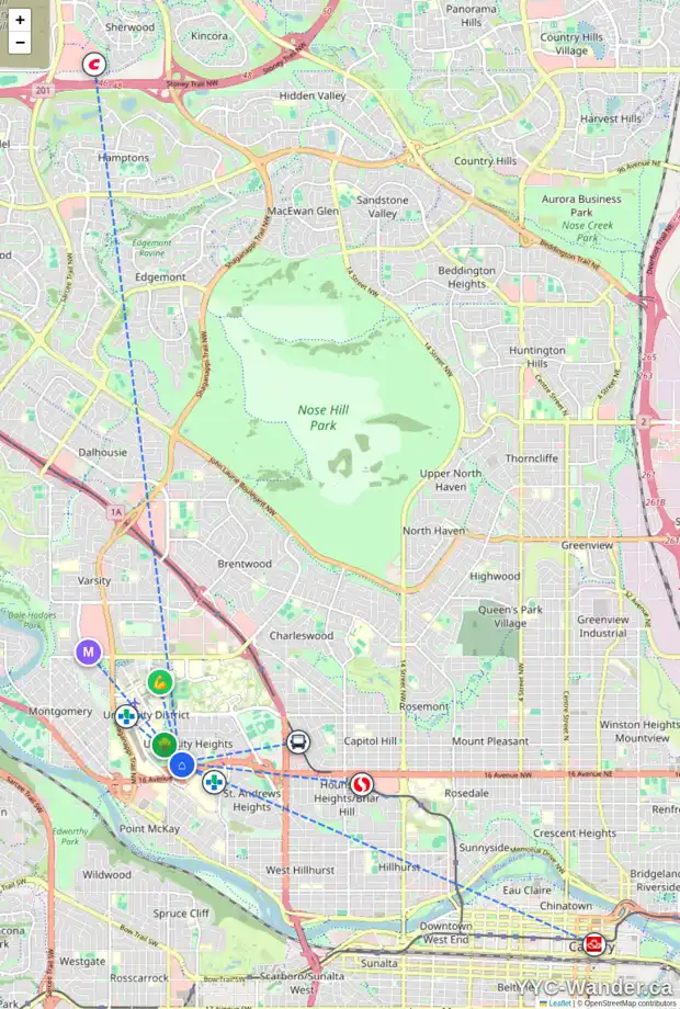 Daily accessibility map for 3420 UTAH DR NW, Calgary showing nearby schools, grocery stores, parks, LRT stations and nearby amenities