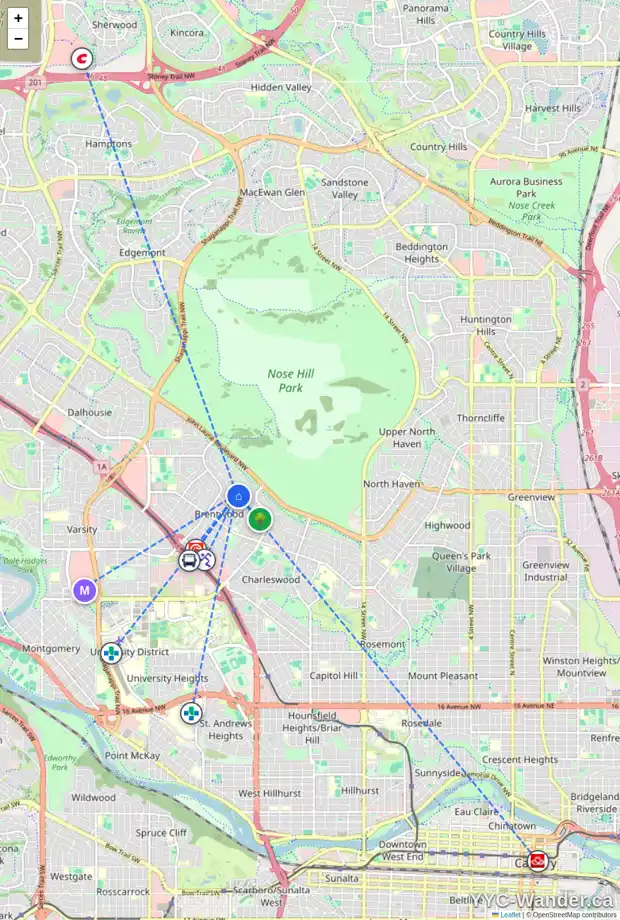 Daily accessibility map for 2715 48 AV NW, Calgary showing nearby schools, grocery stores, parks, LRT stations and nearby amenities