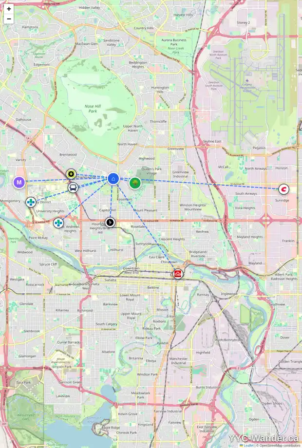 Daily accessibility map for 1 CULVER RD NW, Calgary showing nearby schools, grocery stores, parks, LRT stations and nearby amenities