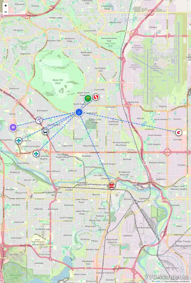 Daily accessibility map for 4543 NAMAKA CR NW, Calgary showing nearby schools, grocery stores, parks, LRT stations and nearby amenities