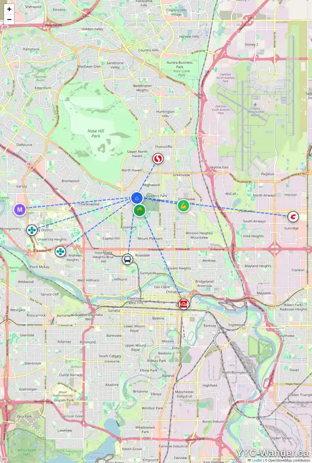 Daily accessibility map for 33 COLERIDGE RD NW, Calgary showing nearby schools, grocery stores, parks, LRT stations and nearby amenities