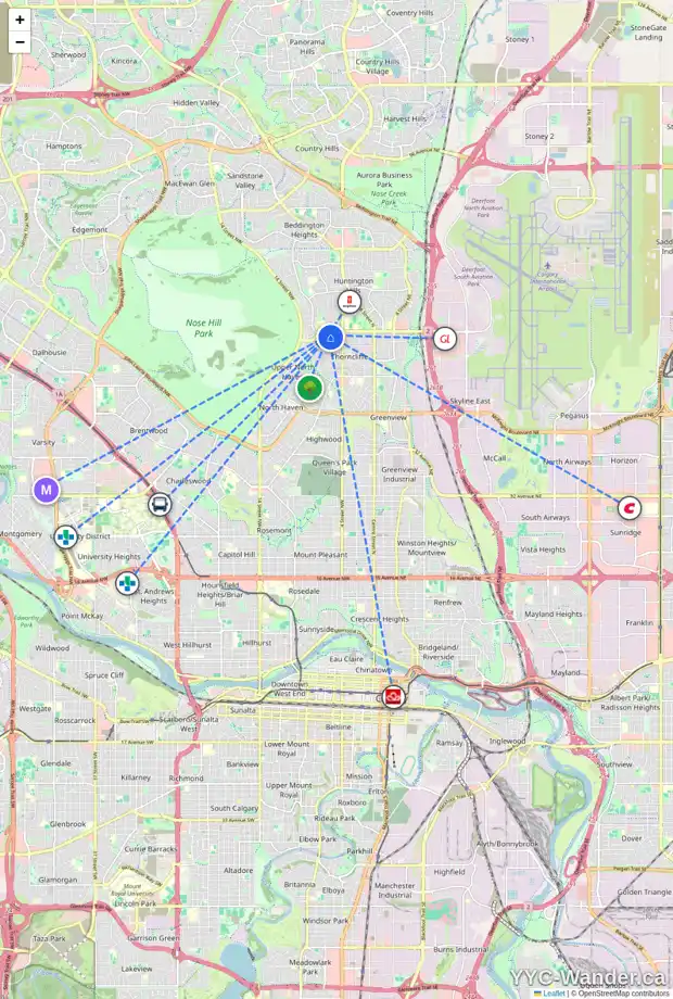 Daily accessibility map for 6324 THORNABY WY NW, Calgary showing nearby schools, grocery stores, parks, LRT stations and nearby amenities
