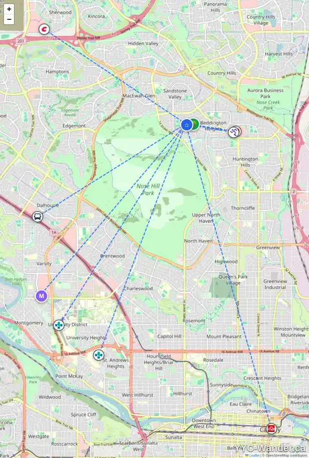 Daily accessibility map for 59 BEACHAM WY NW, Calgary showing nearby schools, grocery stores, parks, LRT stations and nearby amenities