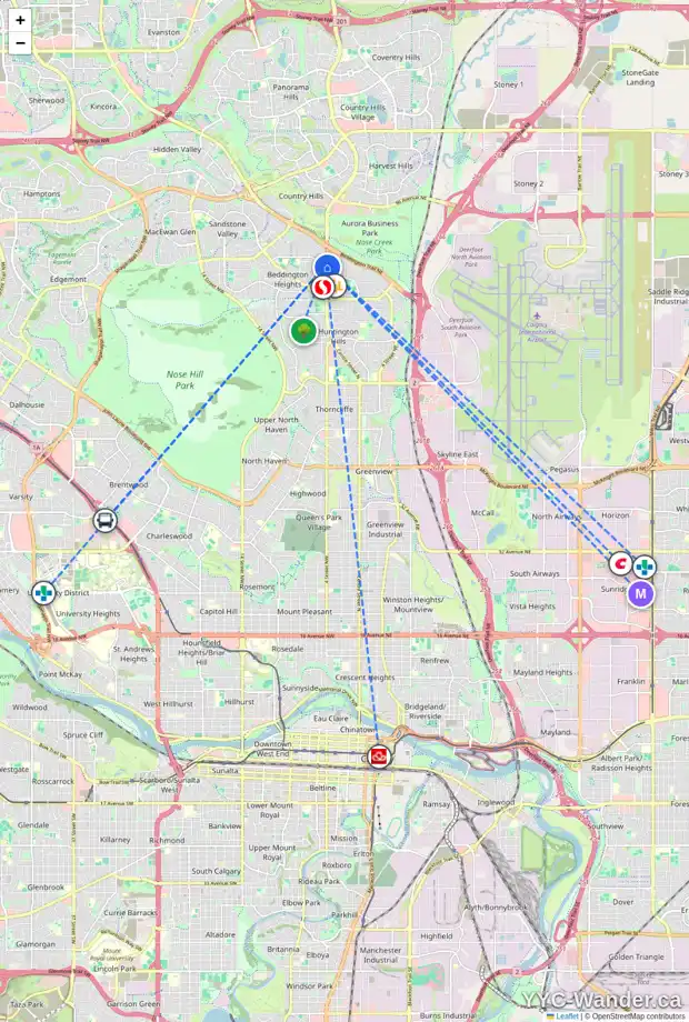 Daily accessibility map for 8411 CENTRE ST NW, Calgary showing nearby schools, grocery stores, parks, LRT stations and nearby amenities