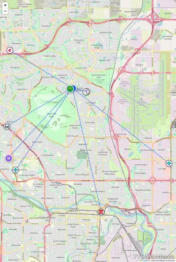 Daily accessibility map for 40 BERWICK RI NW, Calgary showing nearby schools, grocery stores, parks, LRT stations and nearby amenities