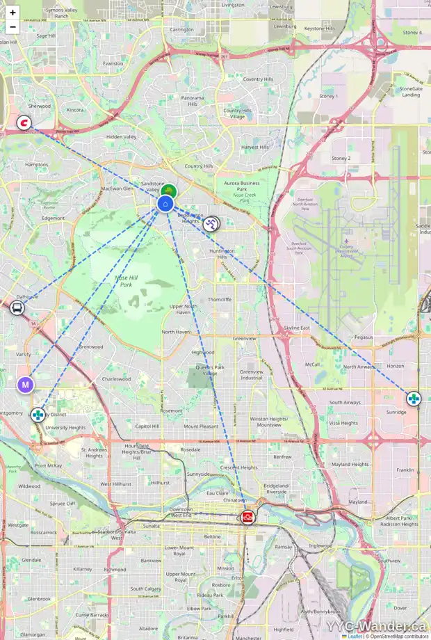 Daily accessibility map for 139 SANDSTONE RD NW, Calgary showing nearby schools, grocery stores, parks, LRT stations and nearby amenities