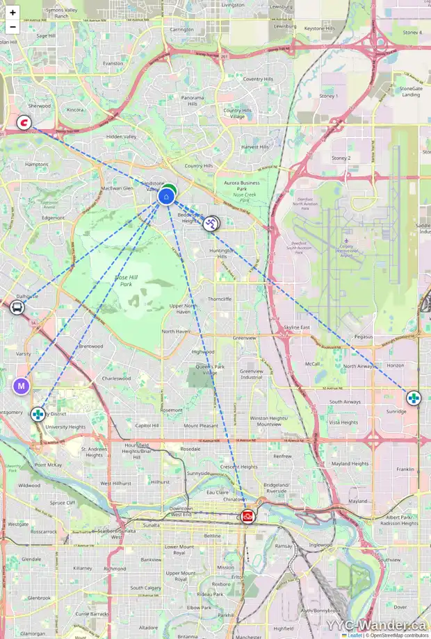 Daily accessibility map for 51 SANDSTONE WY NW, Calgary showing nearby schools, grocery stores, parks, LRT stations and nearby amenities