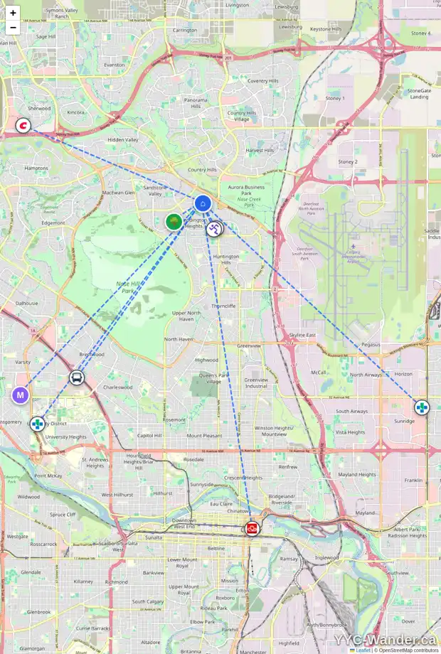 Daily accessibility map for 103 BERNARD CO NW, Calgary showing nearby schools, grocery stores, parks, LRT stations and nearby amenities