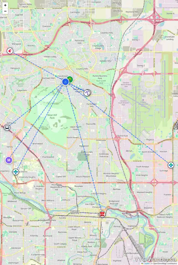 Daily accessibility map for 260 SANDARAC PL NW, Calgary showing nearby schools, grocery stores, parks, LRT stations and nearby amenities