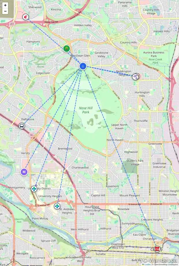 Daily accessibility map for 11 MACEWAN GLEN RD NW, Calgary showing nearby schools, grocery stores, parks, LRT stations and nearby amenities