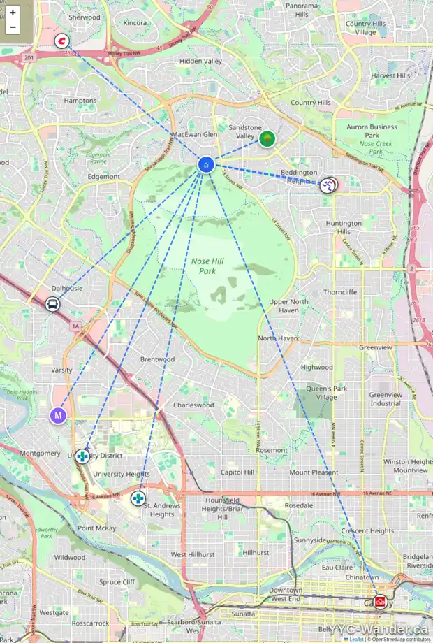 Daily accessibility map for 100 MACEWAN GLEN DR NW, Calgary showing nearby schools, grocery stores, parks, LRT stations and nearby amenities
