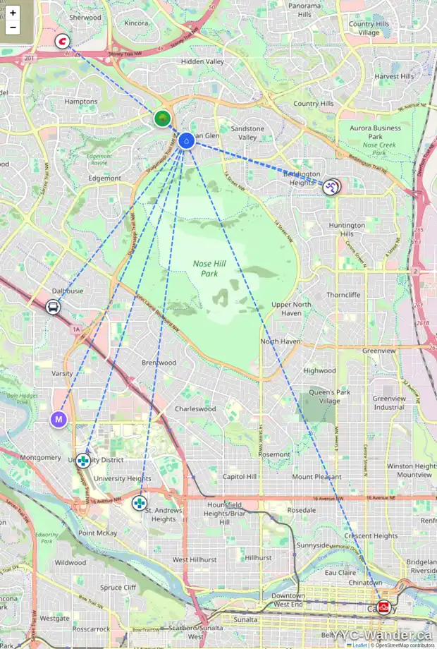 Daily accessibility map for 32 MACEWAN PARK RI NW, Calgary showing nearby schools, grocery stores, parks, LRT stations and nearby amenities
