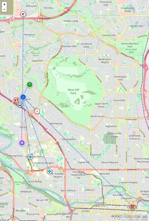 Daily accessibility map for 5872 DALFORD HL NW, Calgary showing nearby schools, grocery stores, parks, LRT stations and nearby amenities