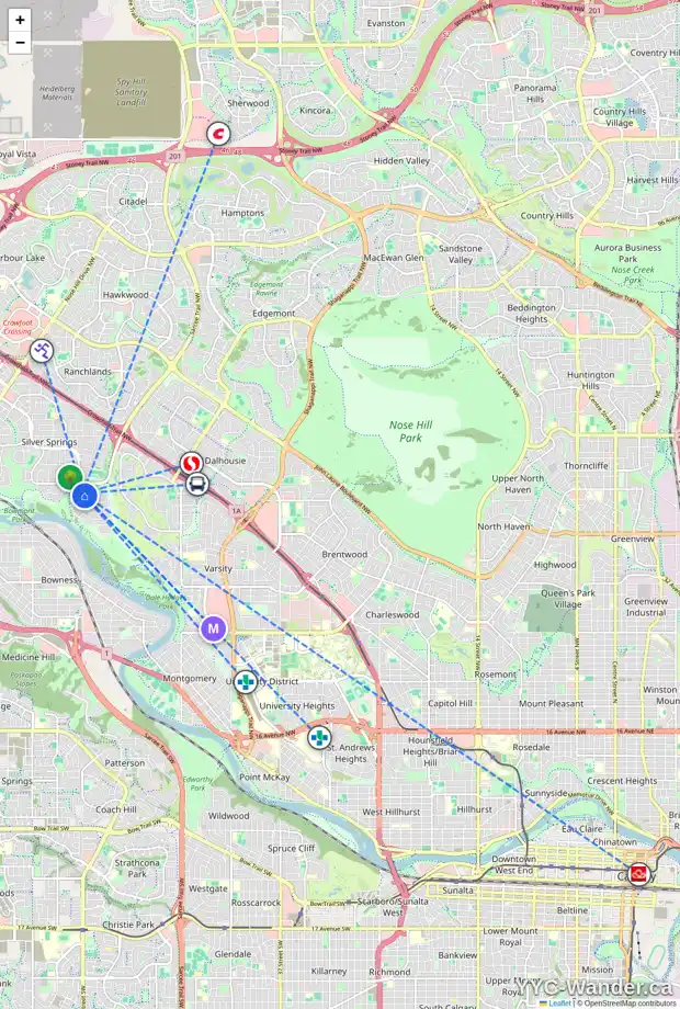 Daily accessibility map for 11 SILVERDALE PL NW, Calgary showing nearby schools, grocery stores, parks, LRT stations and nearby amenities